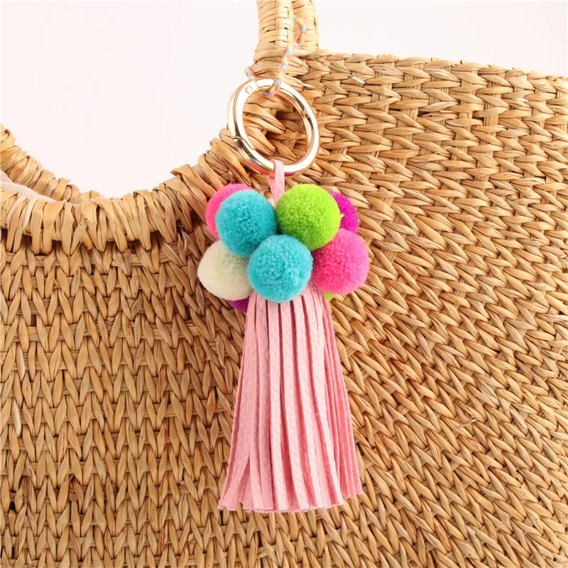 

1pc Colorful Pompom Ball With Pink Tassel Key Ring For Women Bag Pendant Diy Handmade Key Chains Jewelry