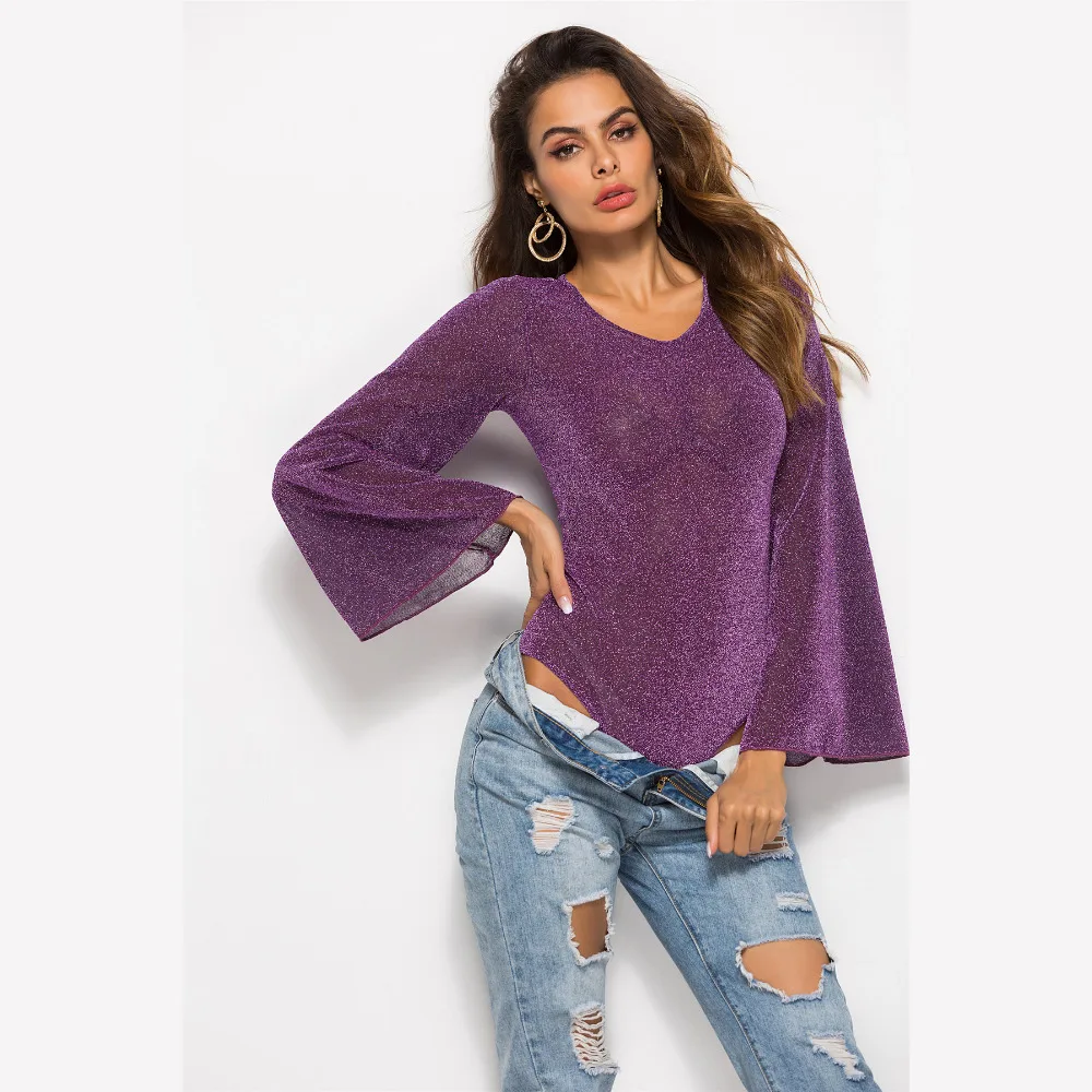 Lurex Mesh Women Sexy Perspective Bodysuits Slim Stretch Long Flare Sleeve Clubwear Jumpsuits 2018 New Autumn Casual Lace Tops 