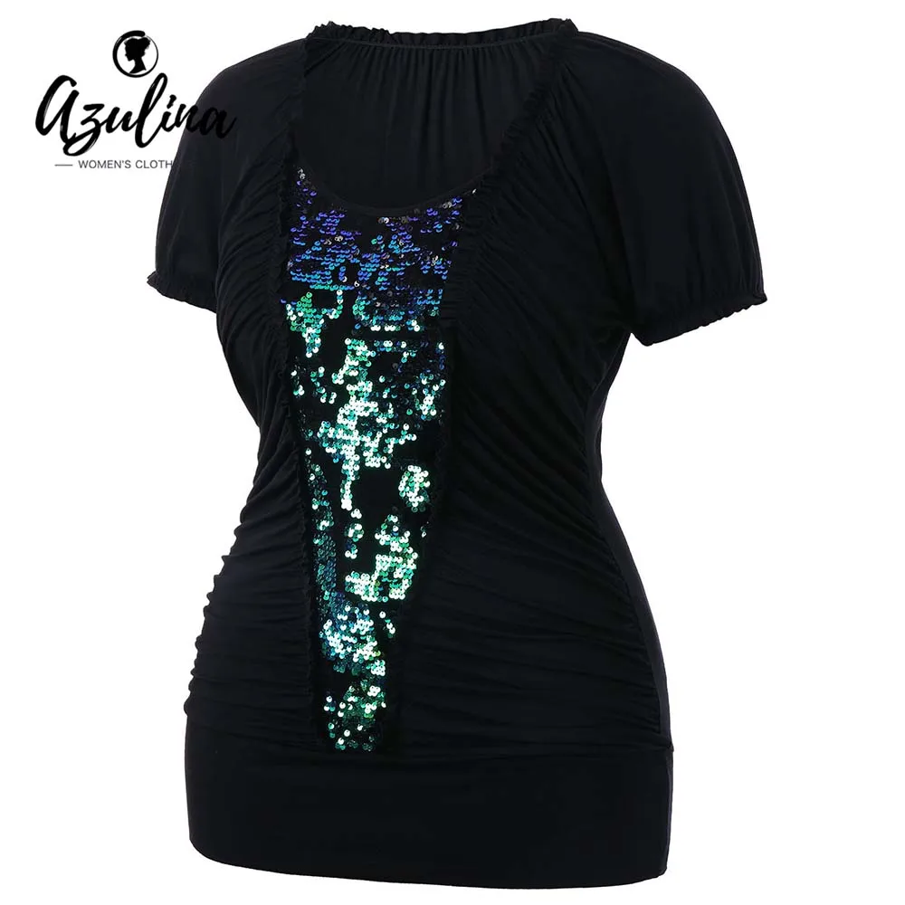 AZULINA Plus Size T Shirt Women Ruffle Trim Ruched Glittery Sequined T-Shirt Summer O Neck Short Sleeve Ladies T-Shirts Big Size AZULINA Plus Size T Shirt Women Ruffle Trim Ruched Glittery Sequined T-Shirt Summer O Neck Short Sleeve Ladies T-Shirts Big Size