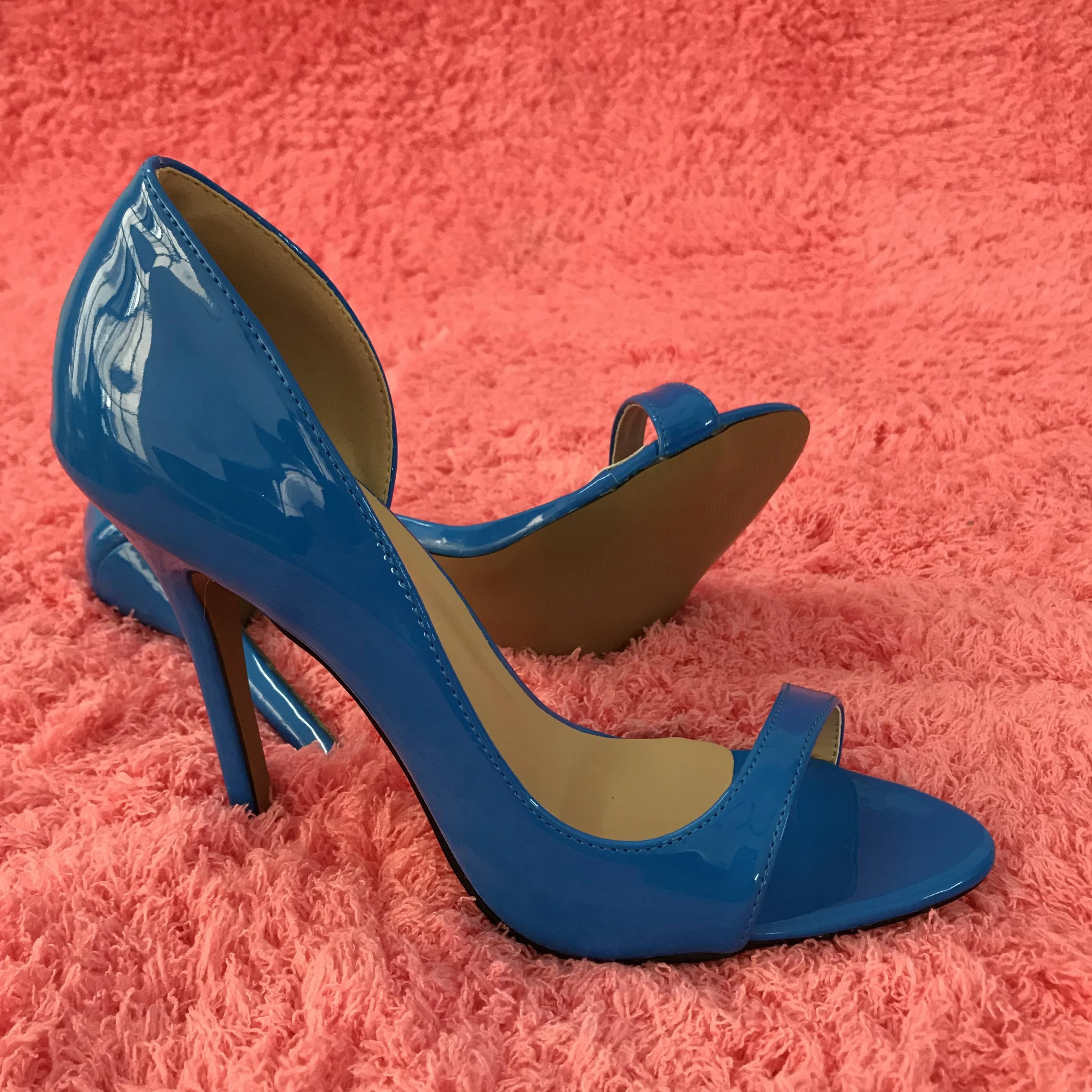 

Women Stiletto Thin High Heel Sandals Sexy Open Toe Blue Patent Fashion Party Bridals Ball Lady Shoes 0640C-Q1