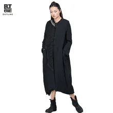 Outline Women Stand Collar Pockets Irregular Patchwork Loose Spliced Vintage Single Breasted Black Long Cotton Padded