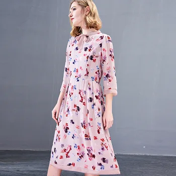 

Medium-and-long-style Pink Bow-tied 100% Silk Dress Printing With Thin Waist