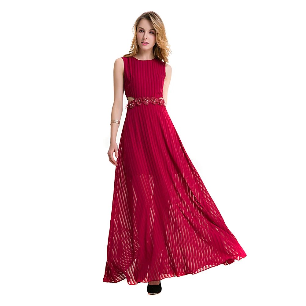 Women Elegant Chiffon Long Party Dress Slim O Neck Ankle Length
