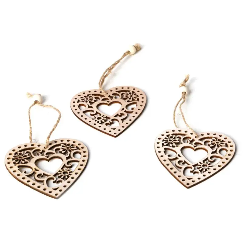 

3pcs/set Wooden Christmas Tree Hollow Heart Hanging Pendant with Rope Beads Ornament DIY Crafts Party Decor Gifts