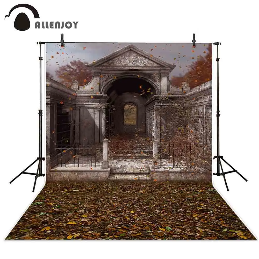 

Allenjoy photography backdrop autumn grave leaves gate halloween background photoshoot prop photocall custom printed