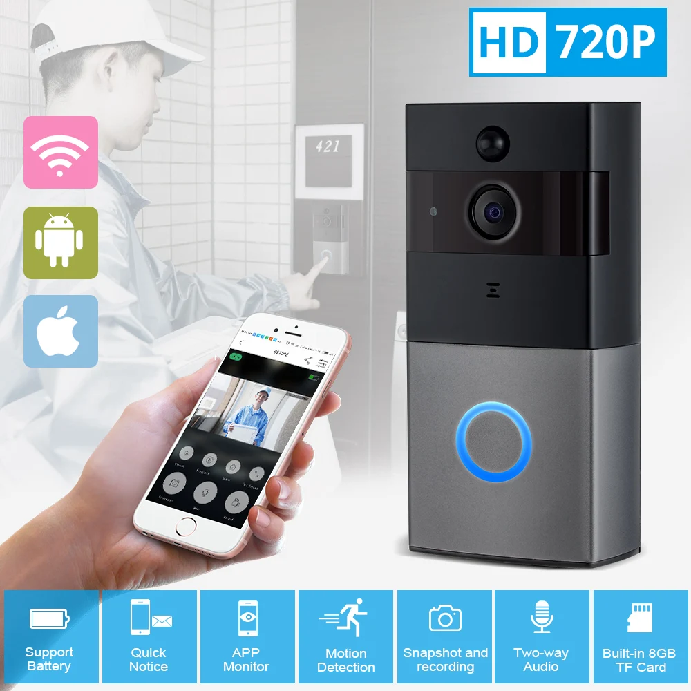 

Wireless Video Doorbell Smart Home Door Bell 720P HD WiFi Security Camera with Motion Detection Real-Time Two-Way Video Intercom