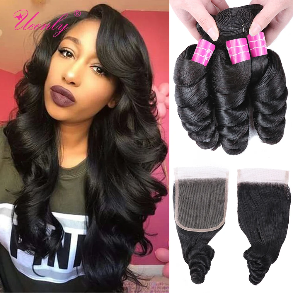 

UEENLY Loose Wave Bundles With Closure Remy Human Hair Bundles With Closure Brazilian Hair Wave 3 Bundles With 4*4 Closure