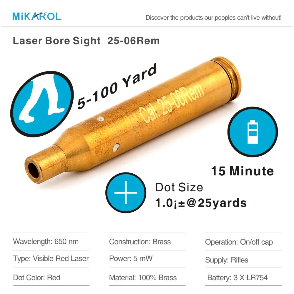 Cartridge Laser Bore Sight Dot Gun 30 06 Spr, 25 06 Spr, 270Win Caliber
