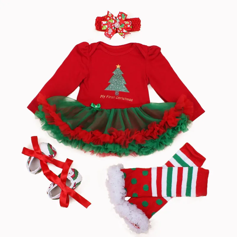 

Baby Girl Clothing Set Christmas Baby Girl Lace Tutu Romper Dress Jumpersuit Headband 4PCS Set Bebes First Birthday Costumes