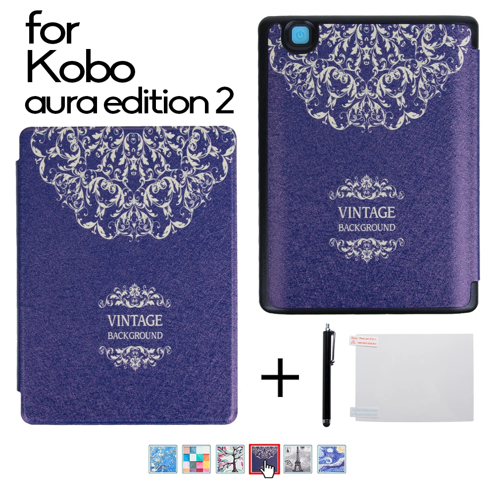 

Case for 2016 New Kobo Aura Edition 2 6'' Ereader Silk Grain Protective Skin Case Smart Cover + Protector Film + Stylus