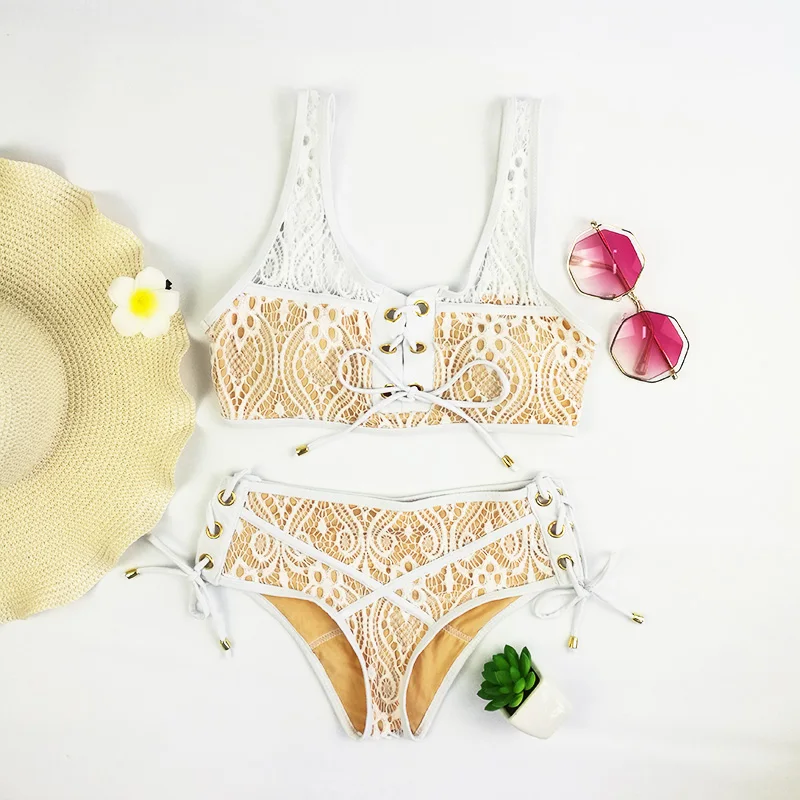 sexy Solid bikini set Swimwear women Push Up black white Lace high-waisted swimsuit beach bathing suit plus size S-XL