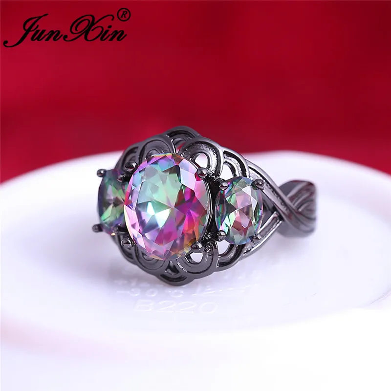 JUNXIN Mystical Fire Birthstone Antique Rings For Women Men Black Gold Oval Rainbow Zircon Big Wedding Finger Ring Female Male