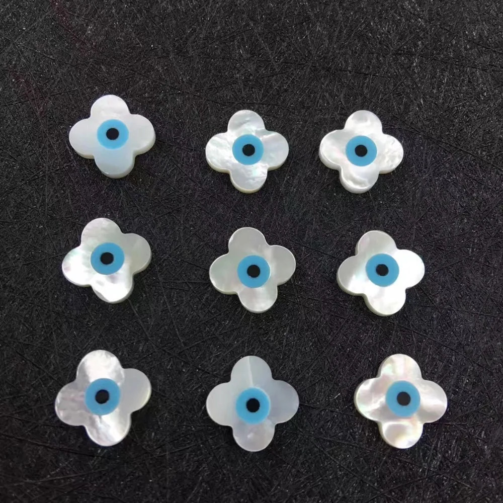 

50pcs/lot 10mm 4 clover Blue Evil Eye MOP Beads Natural clover Blue evil Eye Mother of Pearl Shell Beads for DIY Jewelry