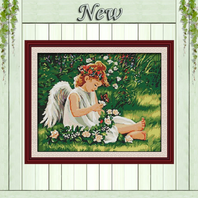 

Angel on greenery girl flower home Decor 11CT counted printed on canvas DMC Cross Stitch kits 14CT needlework Set DIY embroidery