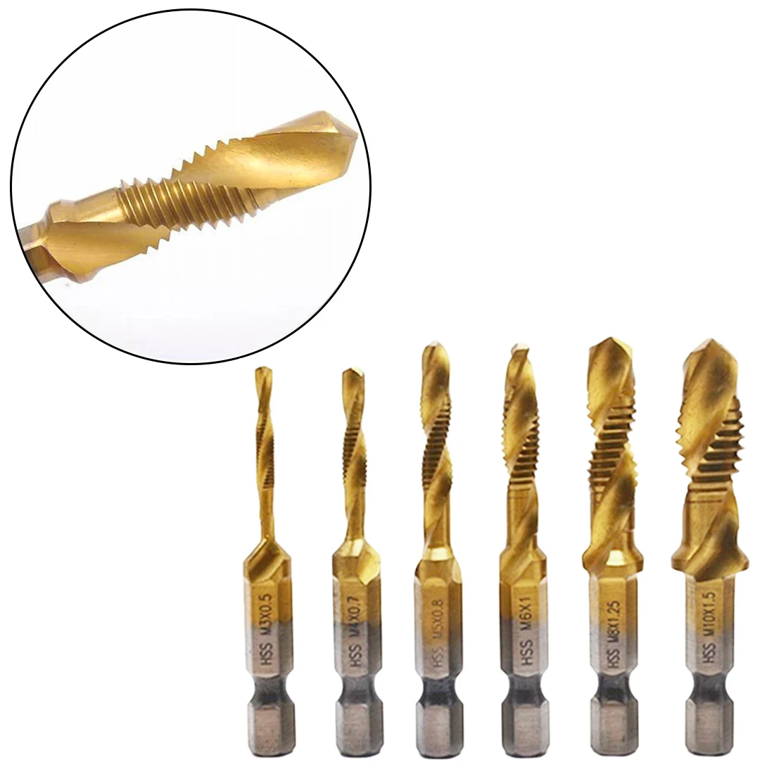 

6pcs/set 1/4'' Hex Shank HSS High Speed Steel Thread Spiral Screw Metric Composite Tap Drill Bit Set Tap M3 M4 M5 M6 M8 M10