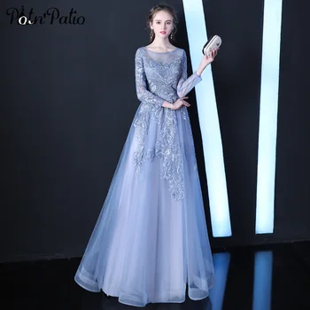 

Elegant Long Sleeves Evening Gowns 2019 Plus Size Luxury Appliques A-line Floor-Length Blue Prom Dresses Long
