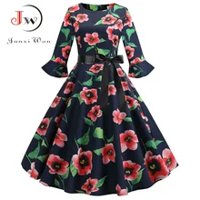 Винтажное платье с цветочным принтом, рождественское платье для женщин, зимние элегантные вечерние платья с рукавом-лепестком, Повседневное платье миди размера плюс