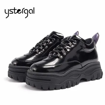 

Ystergal New Black Patent Leather Women Sneakers Platform Creepers Ladies Casual Flat Shoes Woman Espadrilles Flats Trainers
