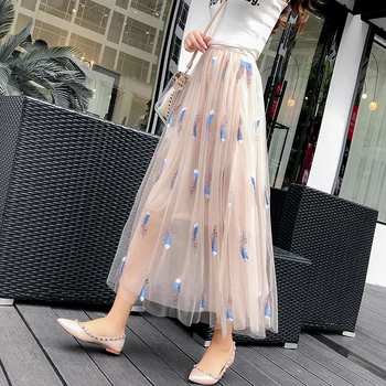 

feather embroidery skirts women 2018 summer new long high-waist slim all-match elegant lady skirt top quality