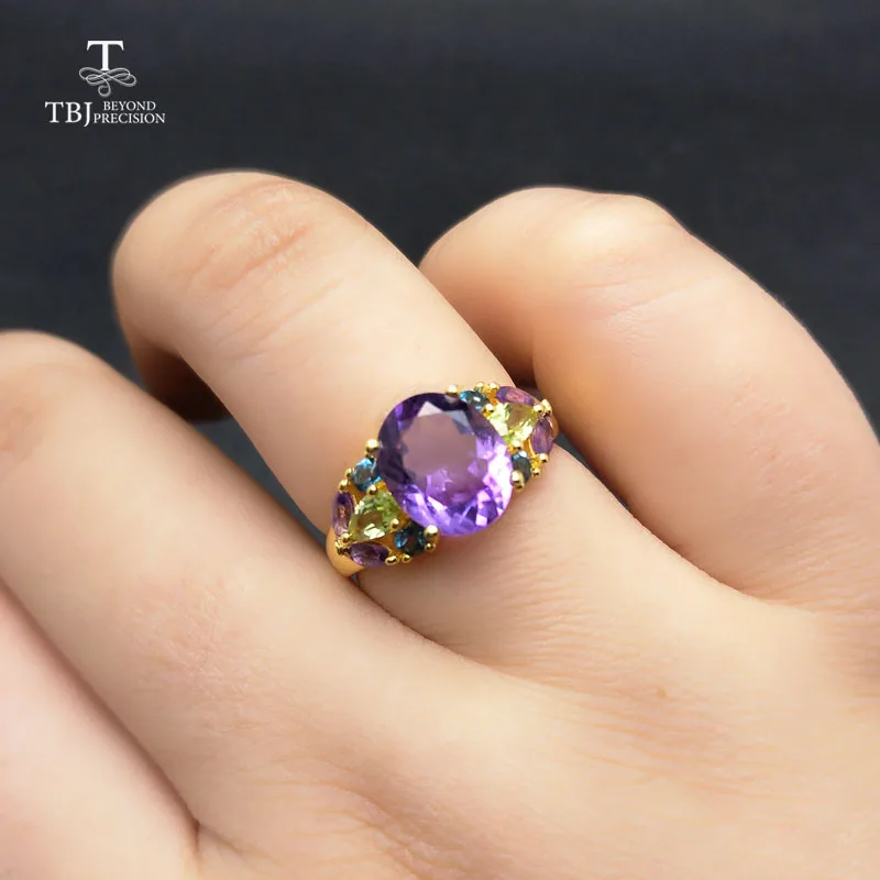 TBJ,Natural Colorful Gemstone Rings with Amethyst peridot topaz in 925 sterling silver yellow gold color,best gift for women
