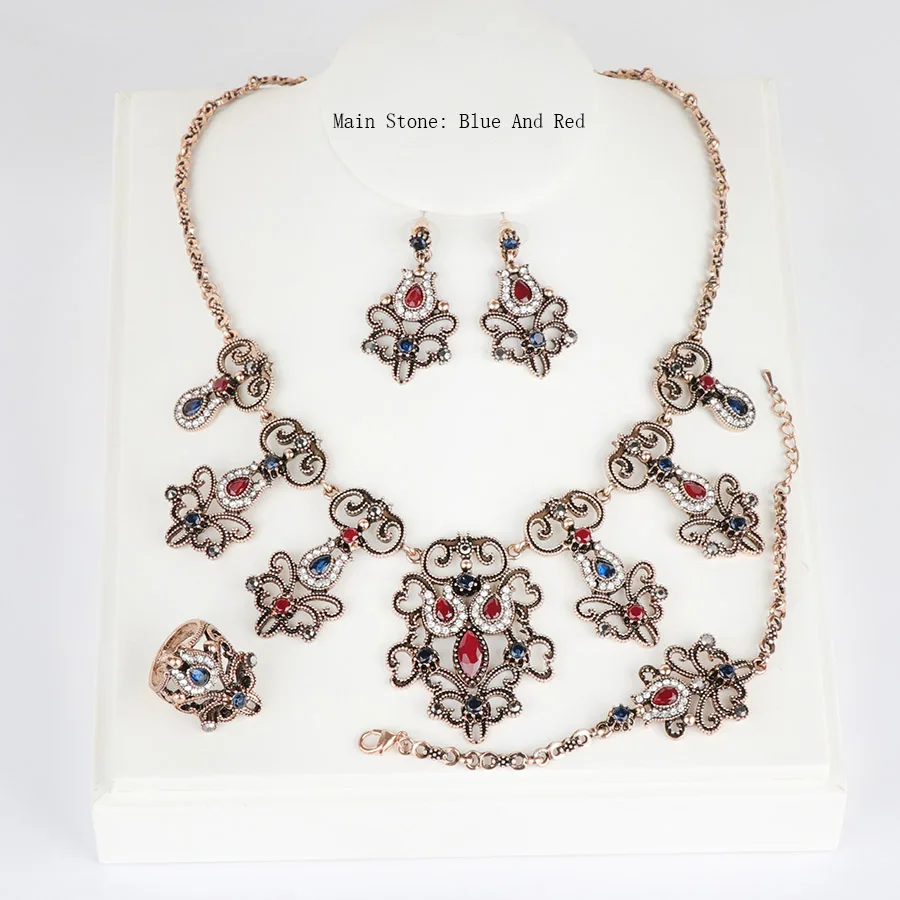 Kinel 4Pcs India Bridal Wedding Jewelry Sets Antique Gold Turkey Gray Crystal Flower Earring Necklace Bracelet Ring For Women - Окраска металла: 4pcs blue