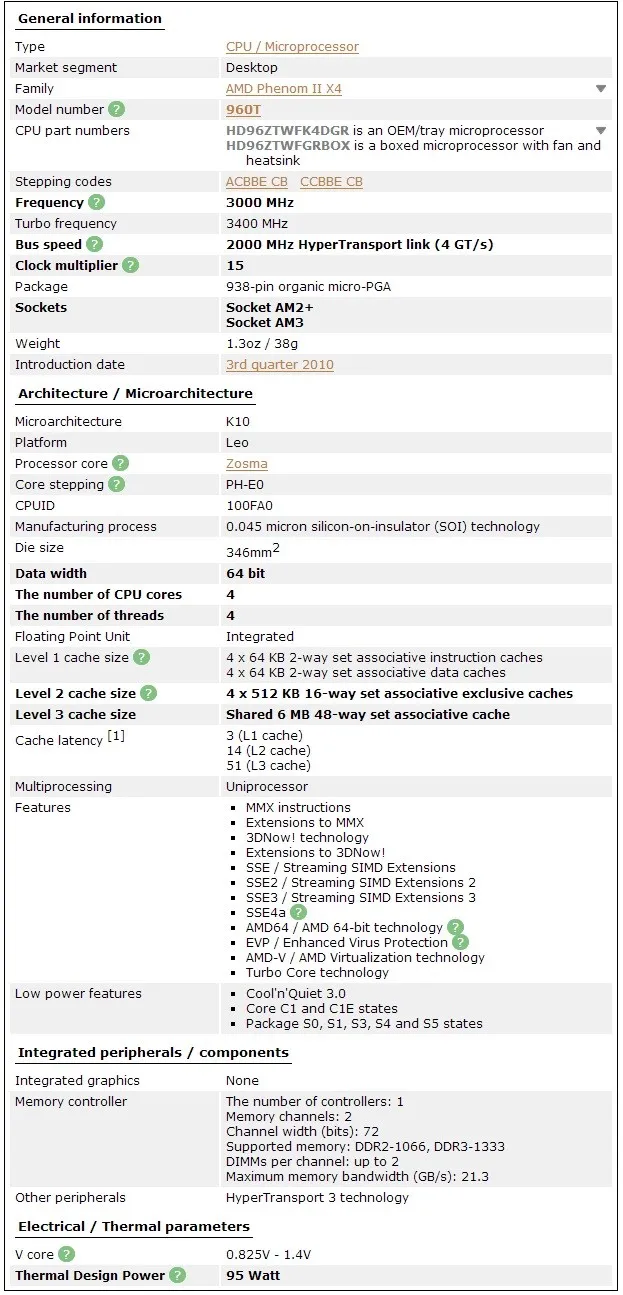 Phenom ii x4 960t 3,0 GHz четырехъядерный процессор AMD HD96ZTWFK4DGR Socket AM3 cpu 95W