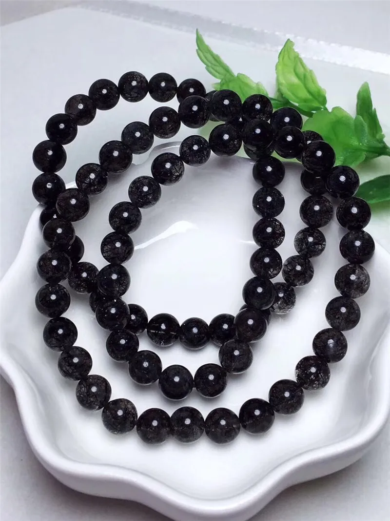 

6.1mm Natural Black Rutilated Quartz 3 laps Bracelet From Brazil Round Beads Gems For Women Men Gift Crsytal Bracelets AAAAA