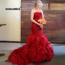 Doragrace Strapless Sleeveless Lace-Up Organza Ruffles Flower Red Wedding Dresses Mermaid Wedding Gowns Bridal Dresses cute mermaid girls pageant gowns lace applique sleeveless lace up flower girls dresses for wedding any size