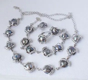 

Unusual black freshwater pearl necklace bracelet earring ring set Quartz Fine Bridal wide watch wings women queen
