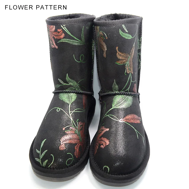 Black Flower Pattern INOE сапоги женские модный цветочный узор натуральная кожа овчина зимняя обувь противоскользящая подошва теплые зимние Популярные ботинки плюшевые полуботинки повседневные женские сапоги до середины икры удобные - Цвет: Black Flower Pattern
