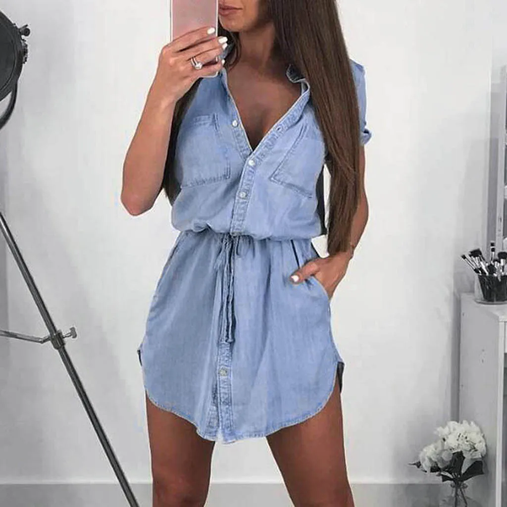 jeans dress blue dress Women Short Sleeve Shirt Dress Summer Casual Button Boyfriend Mini Dress kleider damen