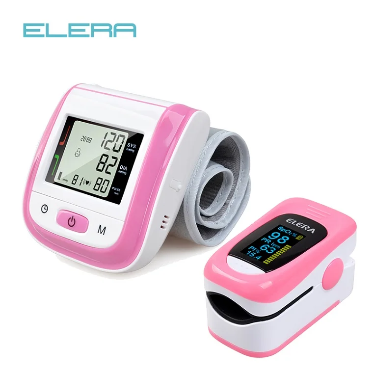 Health Care Pink LCD Digital Wrist Blood Pressure Monitor Tonometer+CE FDA Fingertip Pulse Pink Oximeter Oximetro Alarm Setting - Цвет: pink