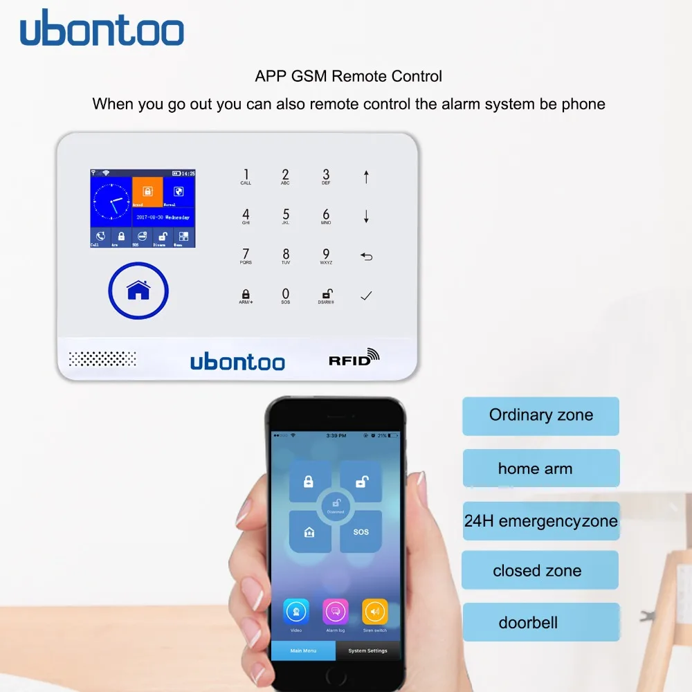 ubontoo EN RU ES PL DE FR IT Switchable Wireless Home Security WIFI GSM GPRS Alarm system APP Remote Control RFID Arm/Disarm ubontoo EN RU ES PL DE FR IT Switchable Wireless Home Security WIFI GSM GPRS Alarm system APP Remote Control RFID Arm/Disarm
