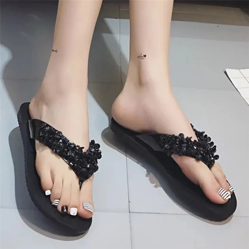 

JAYCOSIN Slippers Summer Shoes Women Fashion Rhinestone Low Heel Shoes Flat Bottom Non-Slip Beach Slippers Outdoor Casual Shoes
