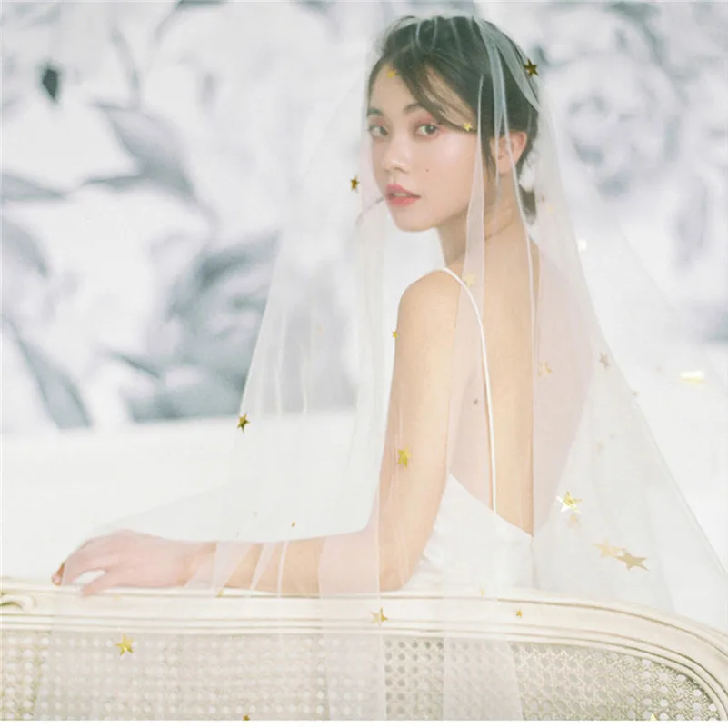 

Bridal veils Wedding Veil Wedding accessorie White Ivory Tulle Gold Stars Starry Veil velos de novia voiles Mariage brillante