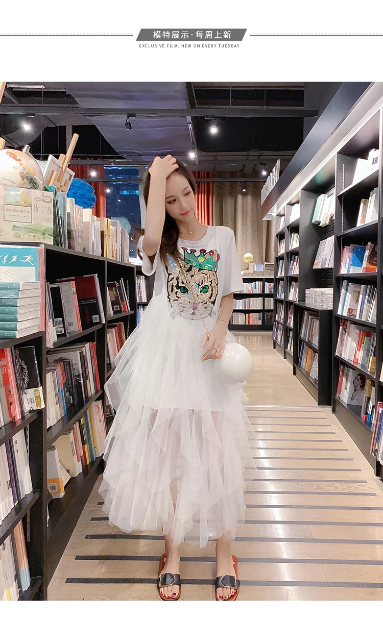QING MO женское черное платье с тигровым животным, с блестками, женское белое Сетчатое платье в стиле пэчворк, женское летнее платье длиной до щиколотки ZQY143