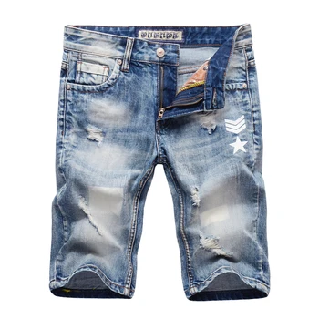 

Summer Fashion Men Short Jeans Blue Color Ripped Jeans Denim Shorts hombre Streetwear Printed Designer Hip Hop Jeans Shorts Men