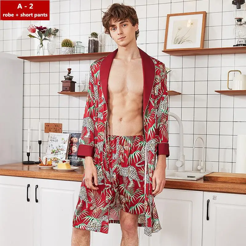 Весенний мужской халат для спальни кимоно банное платье юката Ночная рубашка Повседневная шелковистая Домашняя одежда мужская пижама Пижамы Mujer L-XXL - Цвет: A2 robe-short pants