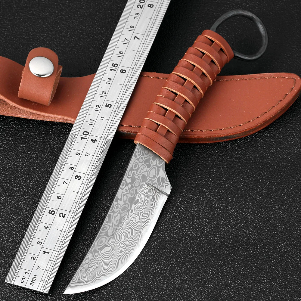 

2018 New Leather handle Damascus Steel Hunting Knife Combat Camping Portable Fixed knives Outdoor Tactics Survival Rescue Knife