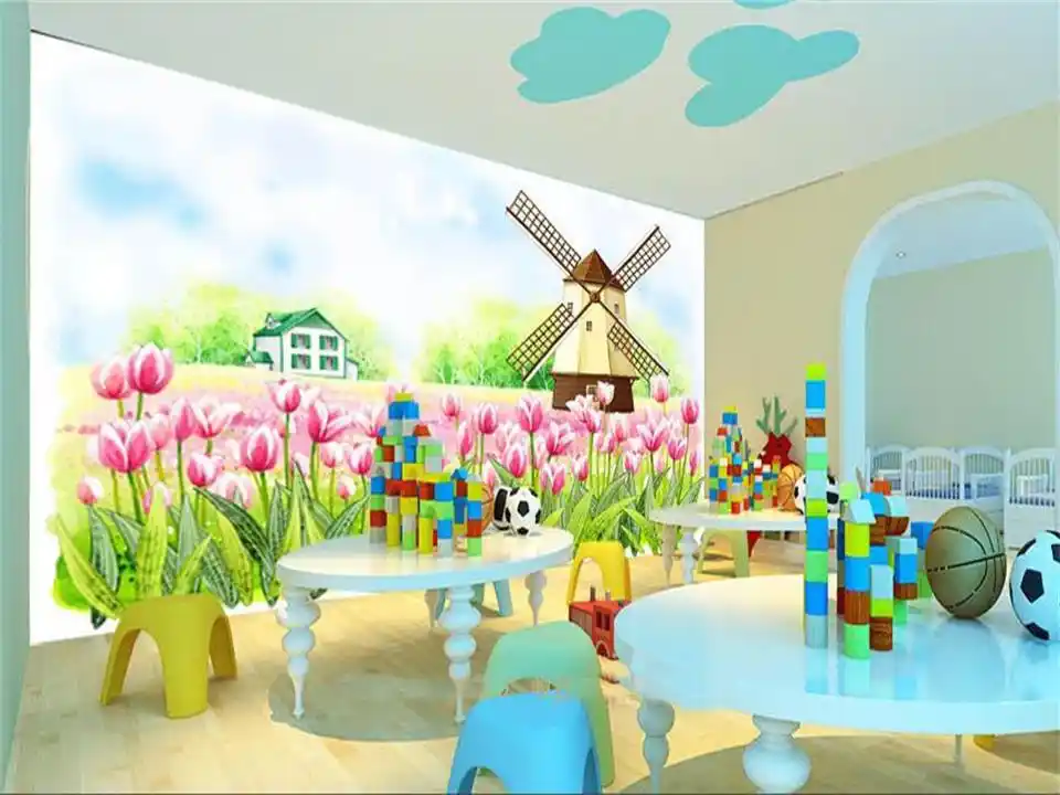 Non woven Wall Mural Photo Wallpaper Poster Picture Image Tulips Windmill