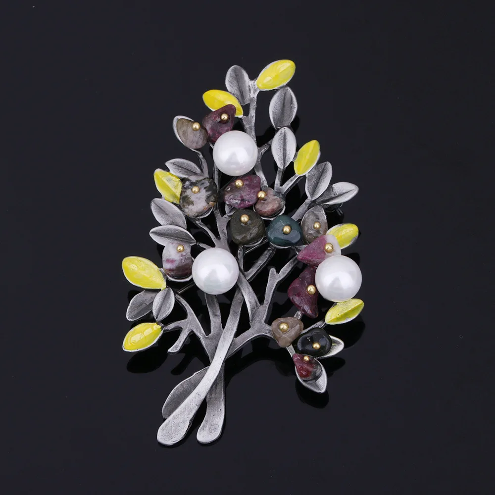 JUJIE винтажные разноцветные каменные Броши в виде дерева для женщин жемчужная брошка в виде листьев на булавке Брендовые украшения для растений Прямая поставка