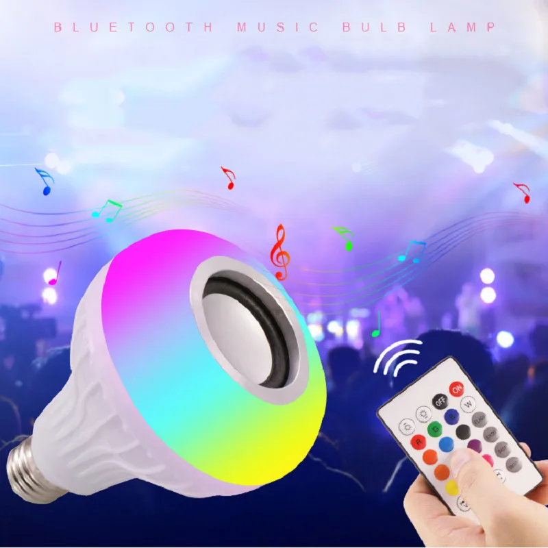 Светодиодная музыкальная лампа с Bluetooth динамиком E27 RGB Изменение Цвета Умный светодиодный 12 Вт беспроводной динамик s с пультом дистанционного управления