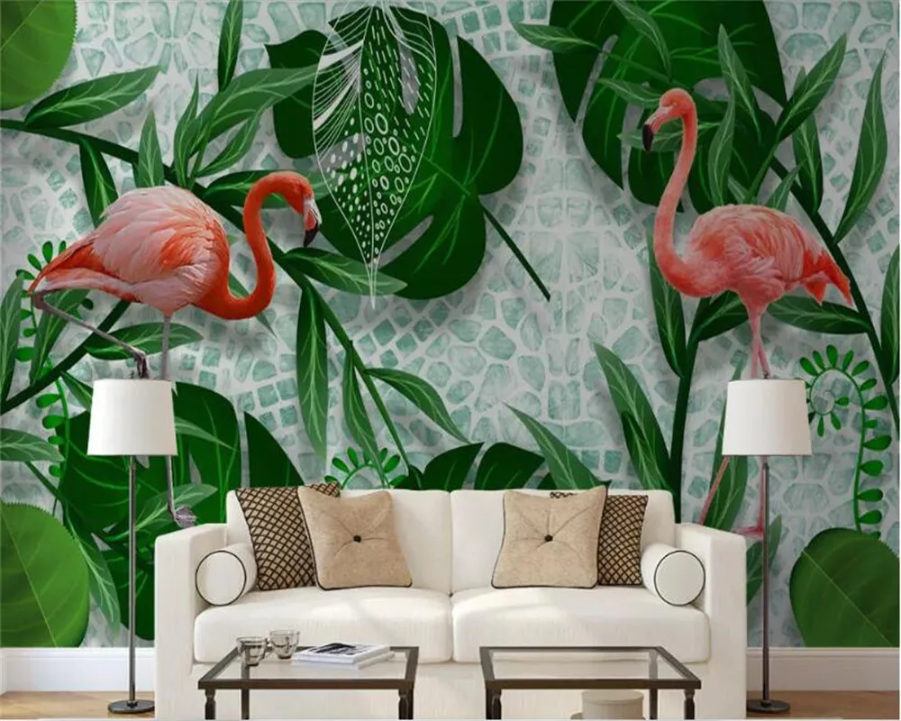 

beibehang wall paper for kids roomCustomized minimalist hand drawn tropical plants flamingo Nordic wallpaper for walls in rolls