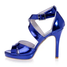 High quality glossy PU sandals woman shoes metallic colors thin heel platform party prom cocktail silver gold blue sparkling