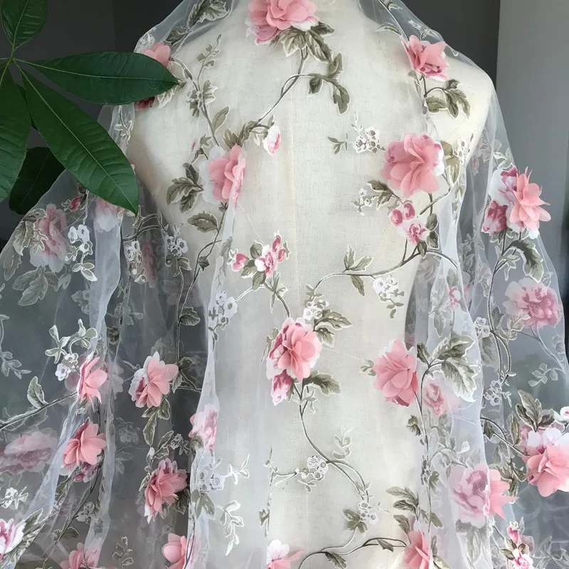 FFLACELL-1Yard-Pink-Chiffon-Floral-Applique-Lace-Material-For-Dress-Wedding-Fabric-Organza