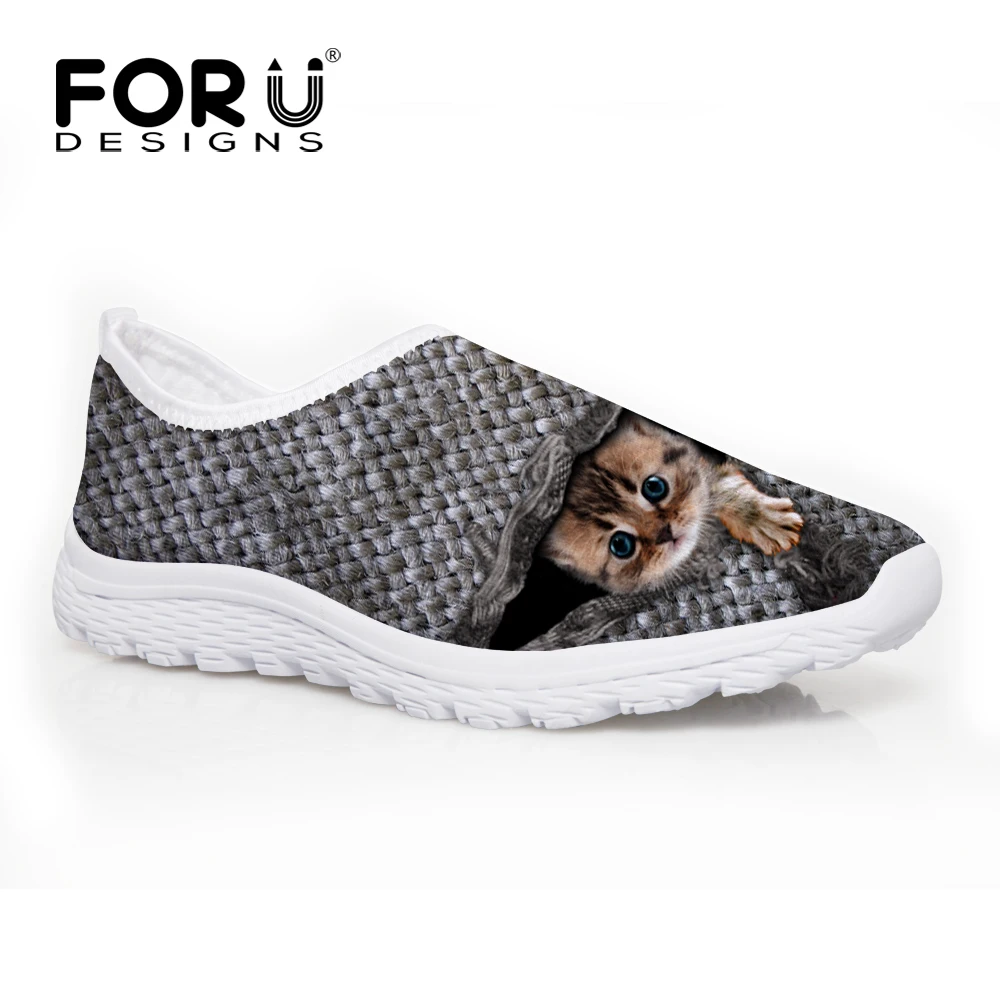 

FORUDESIGNS Leisure Grey Women Shoes Cute Printing Cat Women Flat Shoes Breathable Spring Autumn Ladies Mesh Loafer Plus Size
