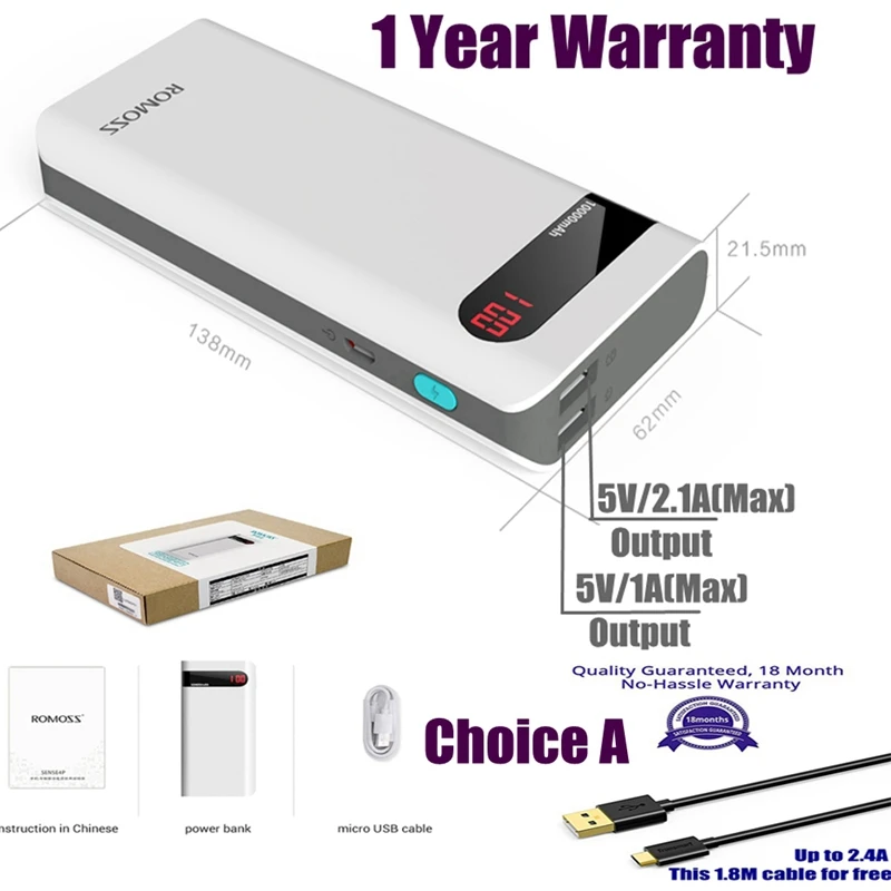 

Original Romoss 10400mah Power Bank Sense 4P Plus Powerbank 2.1A LED display for iPhone iPad Xiaomi Huawei Samsung Xiomi