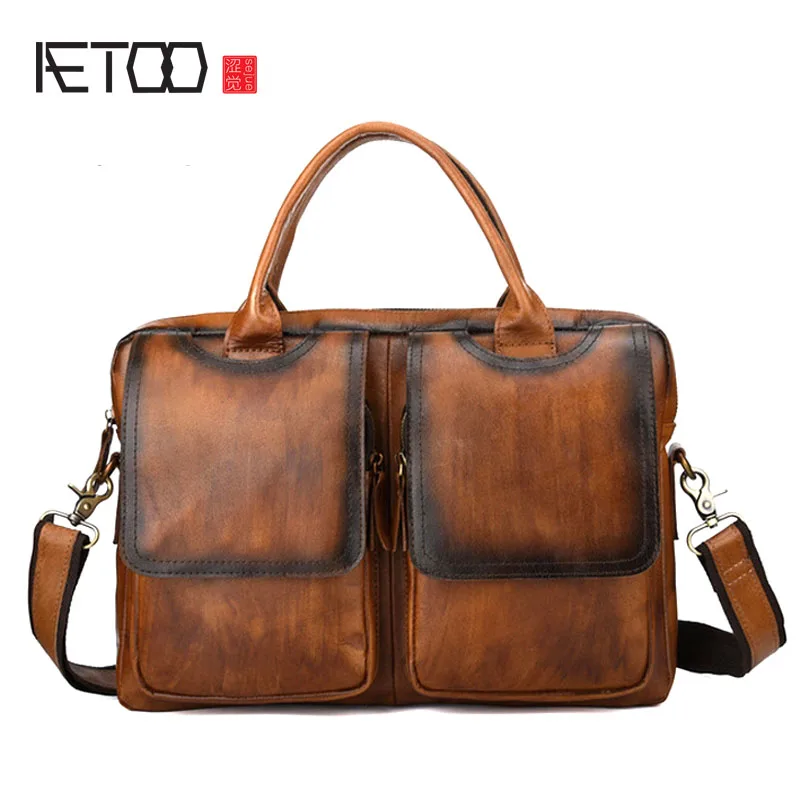 

BJYL Leather retro first layer leather briefcase men's leather men's bag handbag cross section business bag shoulder Messenger