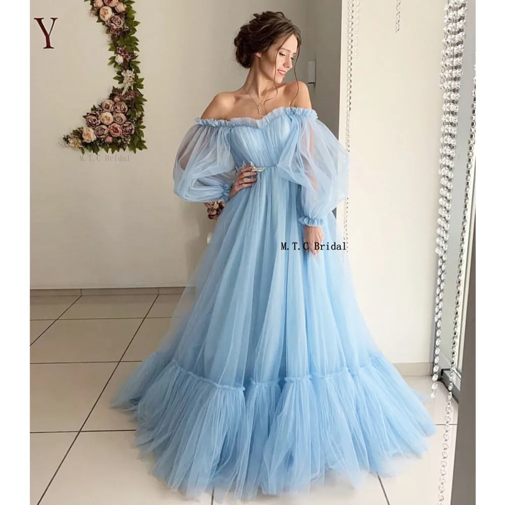 

Mint Blue Long Sleeve Arabic Prom Dresses Pleat Tulle Off The Shoulder A Line Long Formal Occasion Dress 2019 Cheap Party Gowns