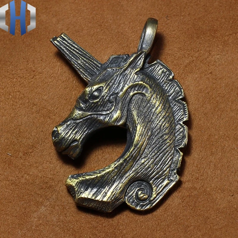 

Original Handmade Retro Woodgrain Unicorn Trojan Brass Pendant Handle Key Custom Necklace